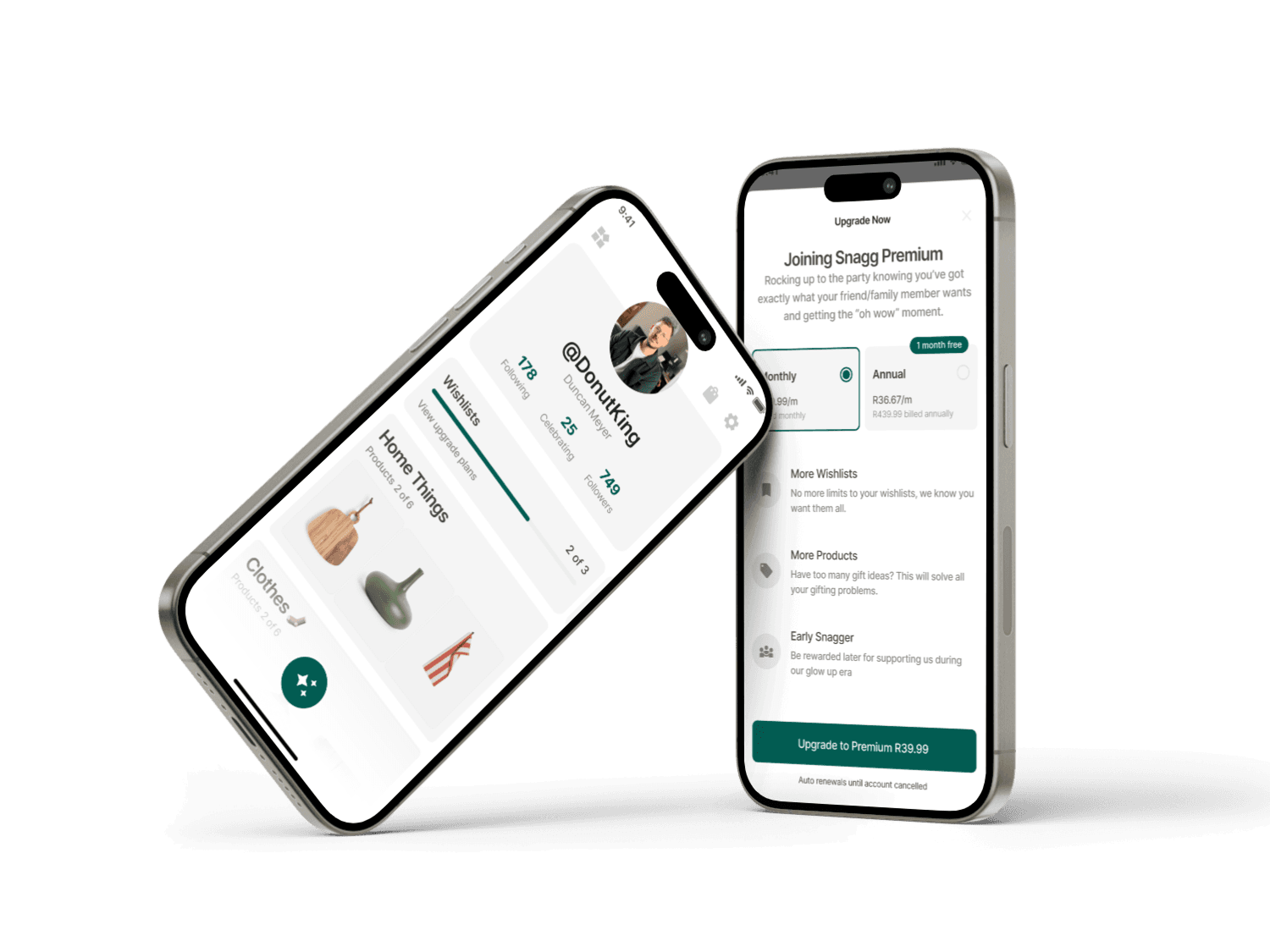 Snagg — A social wishlist app with in-app subscriptions, deep linking, and a real-time follow system.
